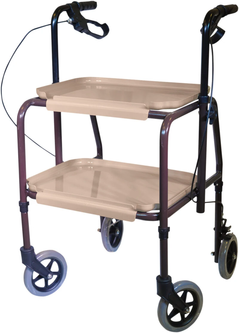 Indoor mobility trolley with two trays and handle brakes.