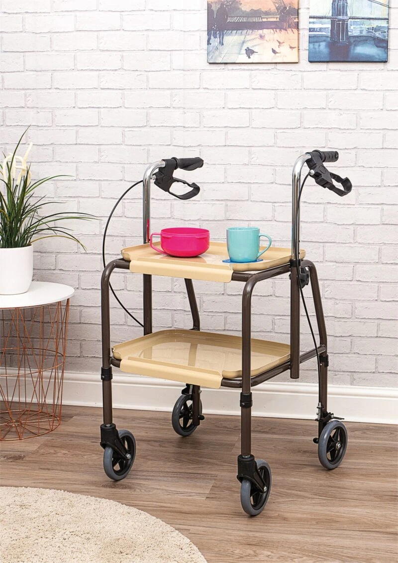Indoor trolley with brakes, two trays, and a pink bowl and blue mug on top.