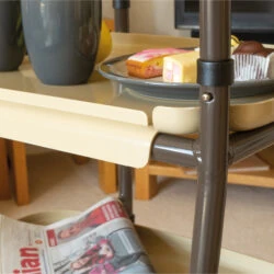 Close-up of an indoor trolley with a plate of pastries and a newspaper.
