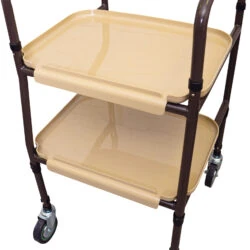 Two-tier indoor trolley with brown frame and beige trays on wheels.