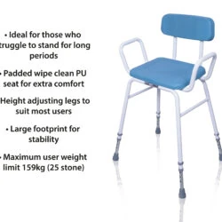 Blue perching stool with padded seat and backrest, white frame, and height-adjustable legs.