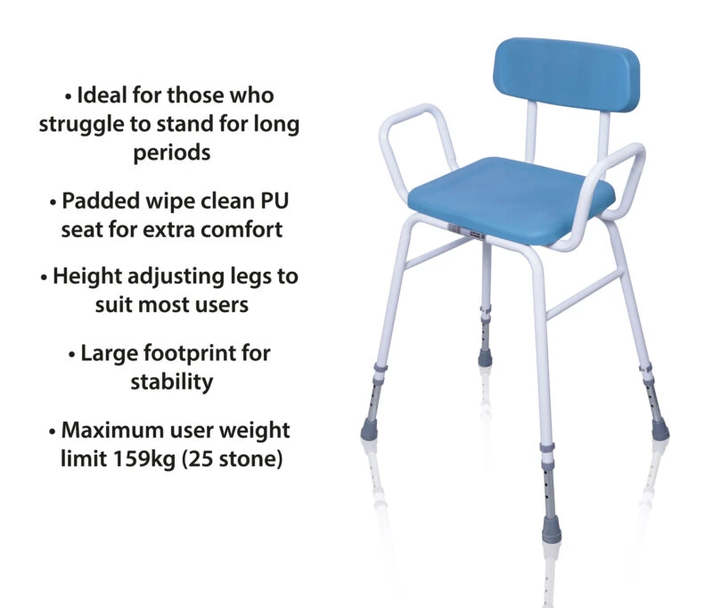 Blue perching stool with padded seat and backrest, white frame, and height-adjustable legs.
