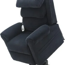 Blue rise recliner chair with a remote control attached.