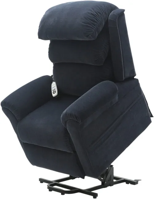 Blue rise recliner chair with a remote control attached.