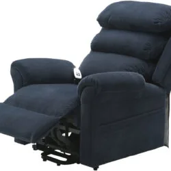 Blue rise recliner chair with extended footrest and visible control handset.