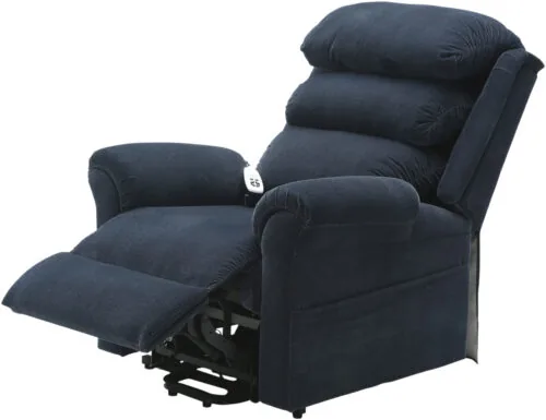 Blue rise recliner chair with extended footrest and visible control handset.