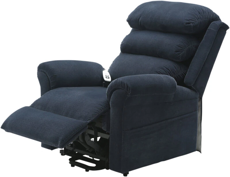 Blue rise recliner chair with extended footrest and visible control handset.