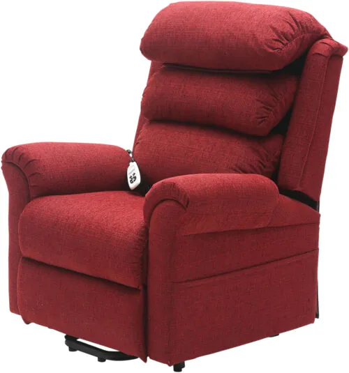 Red recliner chair with a handset on the armrest.