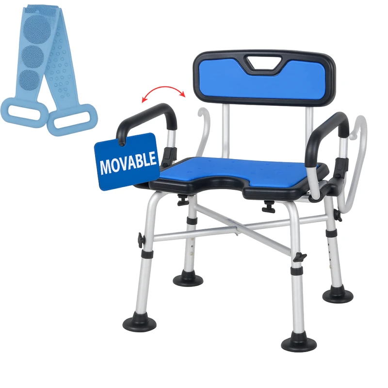 Shower chair with blue backrest and movable armrest.
