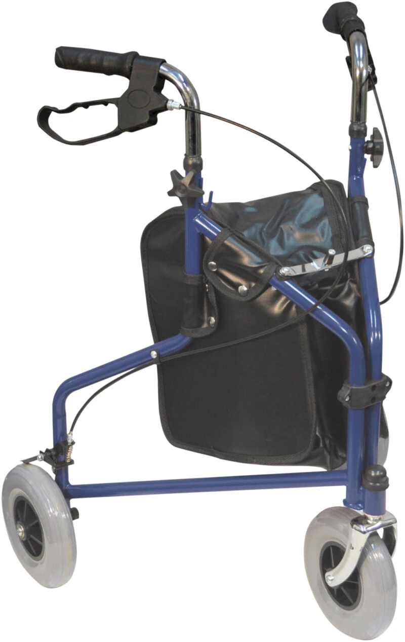 Blue three-wheel walker with a black basket and ergonomic handles.