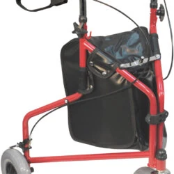 Red tri walker with three wheels and a black basket.