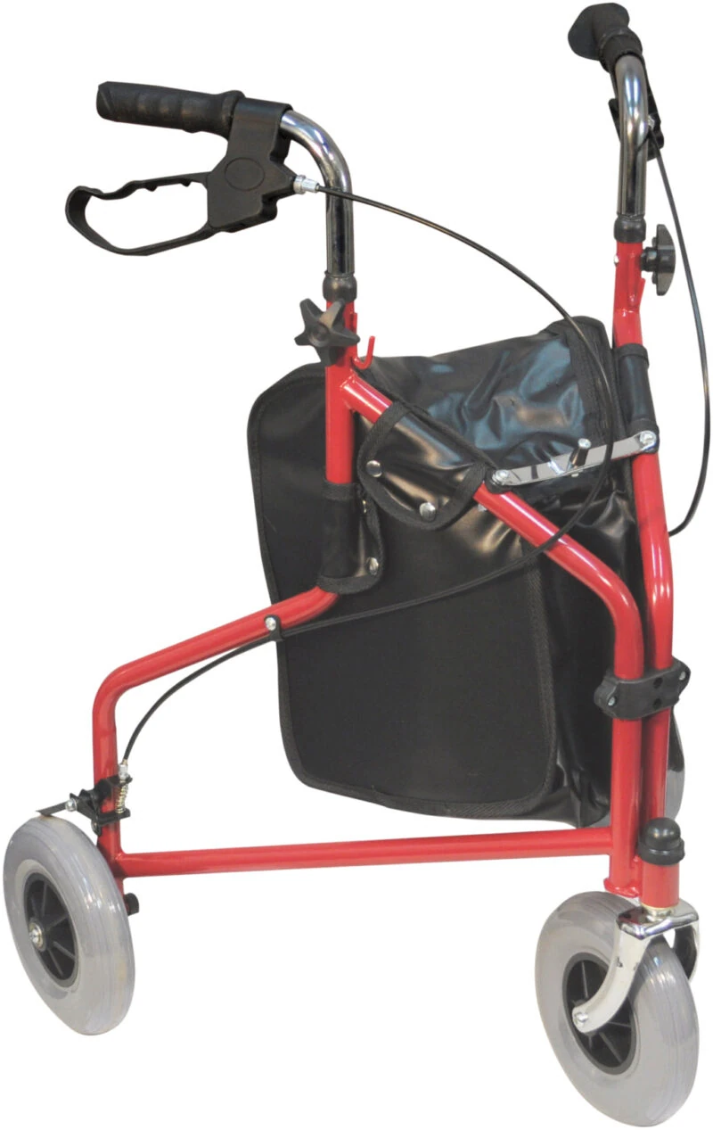 Red tri walker with three wheels and a black basket.