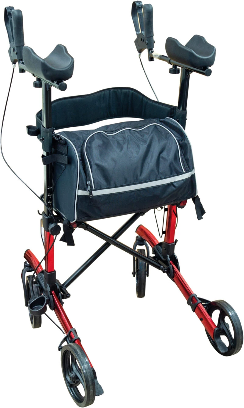 Red forearm rollator with black fabric seat and detachable bag.