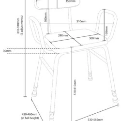 Diagram showing dimensions of a height-adjustable perching stool.