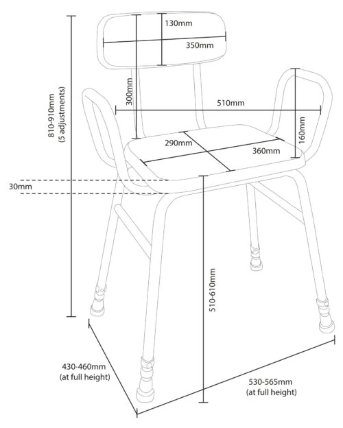 Diagram showing dimensions of a height-adjustable perching stool.