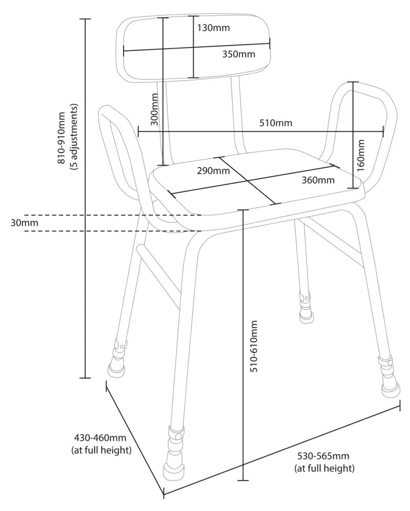 Diagram showing dimensions of a height-adjustable perching stool.