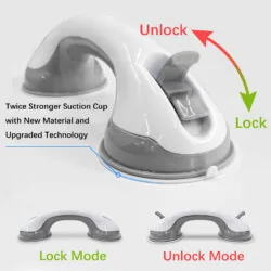 White and grey suction grab rail with lock and unlock modes.