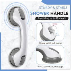 White and grey suction grab rail with lock design, supports up to 88 pounds.
