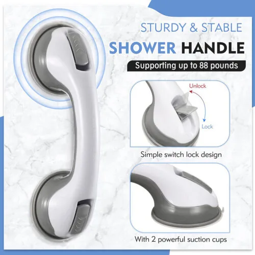 White and grey suction grab rail with lock design, supports up to 88 pounds.