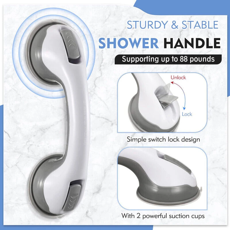 White and grey suction grab rail with lock design, supports up to 88 pounds.