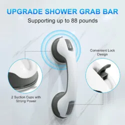 White and grey suction grab bar with lock design supporting up to 88 pounds.