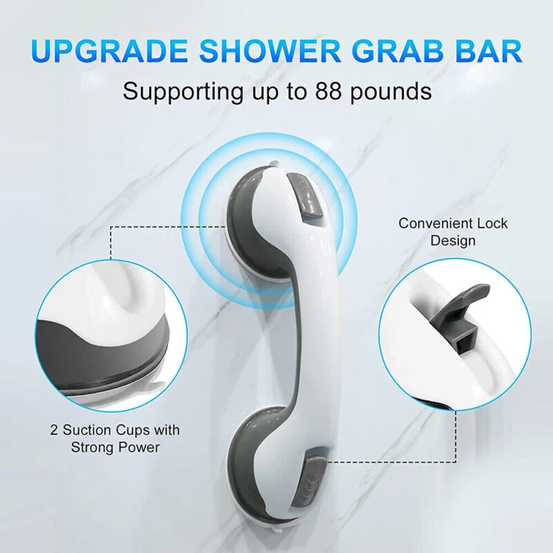 White and grey suction grab bar with lock design supporting up to 88 pounds.
