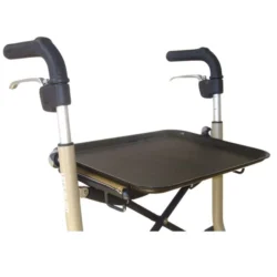 Close-up of Lets Go Out Rollator with tray and handles.