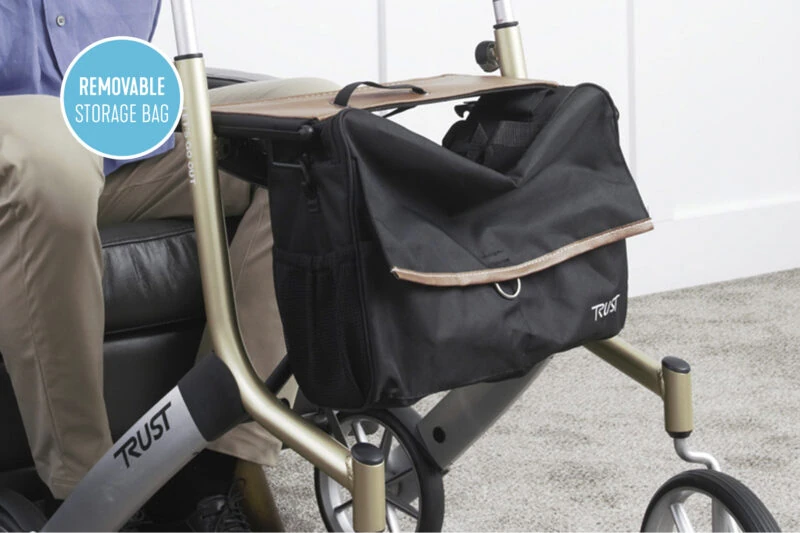 Trust Rollator with a removable storage bag and large wheels.