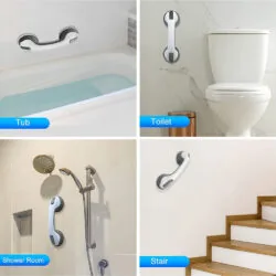 Suction grab rails installed in bathroom, toilet, shower, and stair areas.