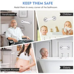 Suction grab bars installed in various bathroom settings for different users.