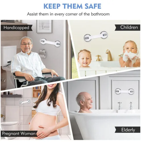 Suction grab bars installed in various bathroom settings for different users.