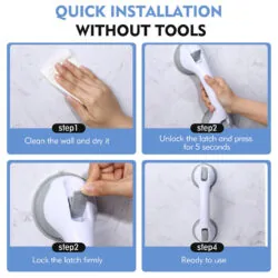 Step-by-step installation of suction grab bars on a tiled wall.