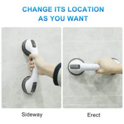 Two images showing a hand gripping a white and grey suction grab bar on a tiled wall.