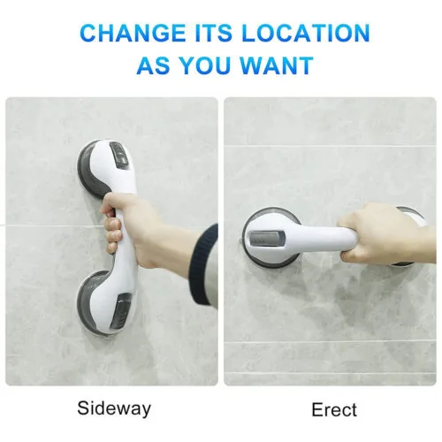 Two images showing a hand gripping a white and grey suction grab bar on a tiled wall.