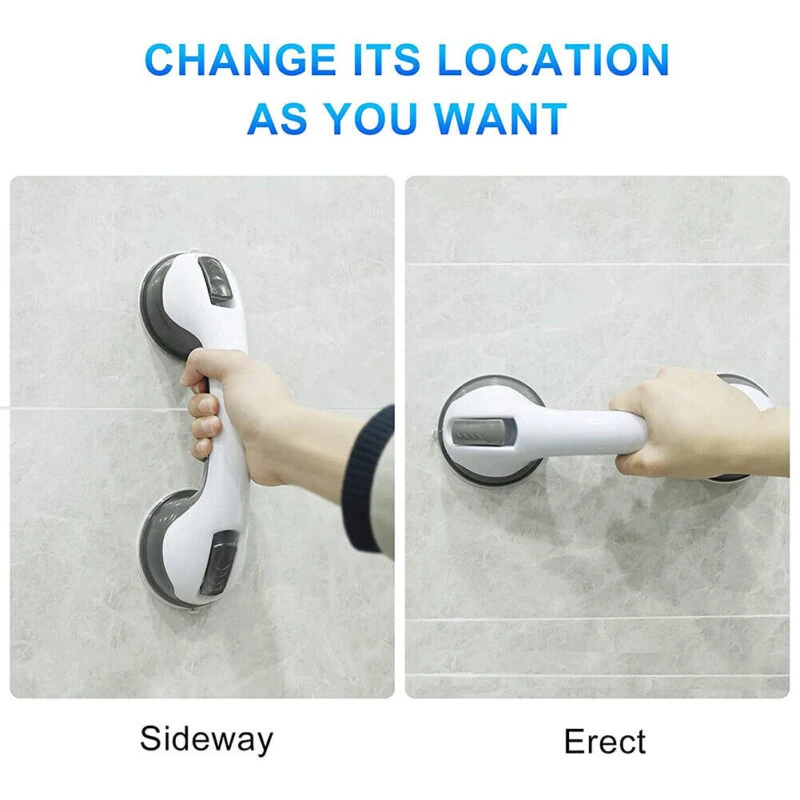 Two images showing a hand gripping a white and grey suction grab bar on a tiled wall.