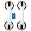 Two white and black suction grab bars with a tag indicating 2 pack.