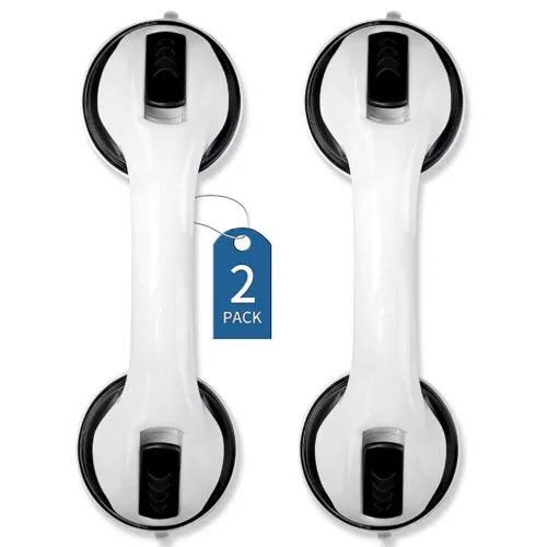 Two white and black suction grab bars with a tag indicating 2 pack.