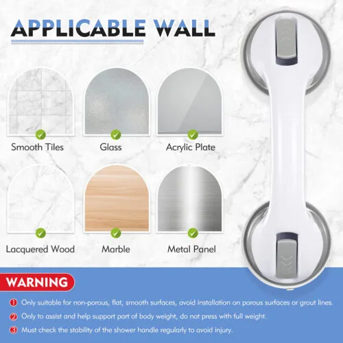 Suction grab rail next to applicable wall surfaces illustration.