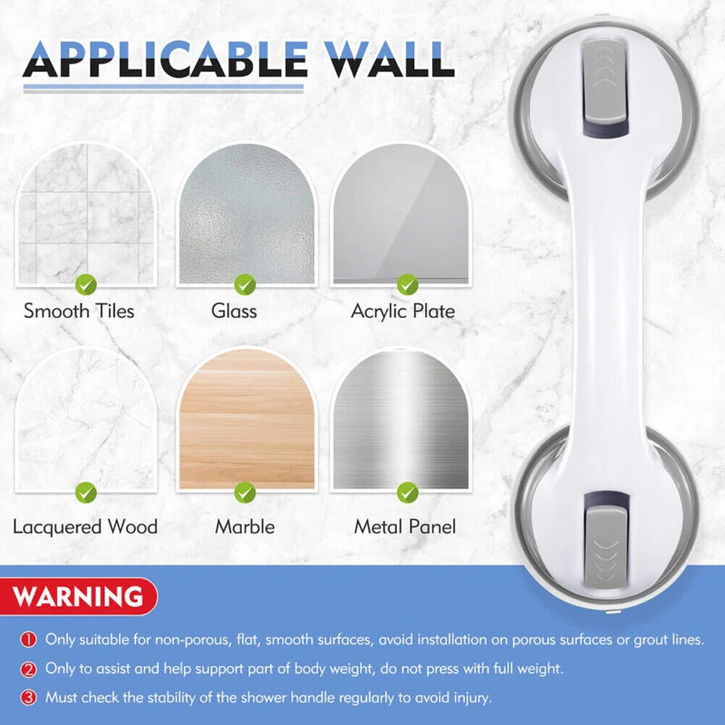 Suction grab rail next to applicable wall surfaces illustration.