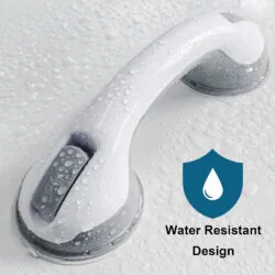 White and grey suction grab bar with water droplets, water resistant design icon.