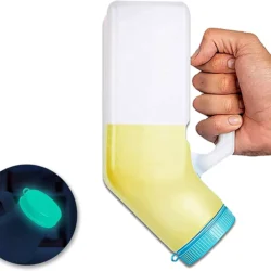 Male urinal bottle with a handle and blue lid, held by a hand.