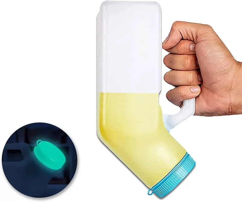 Male urinal bottle with a handle and blue lid, held by a hand.