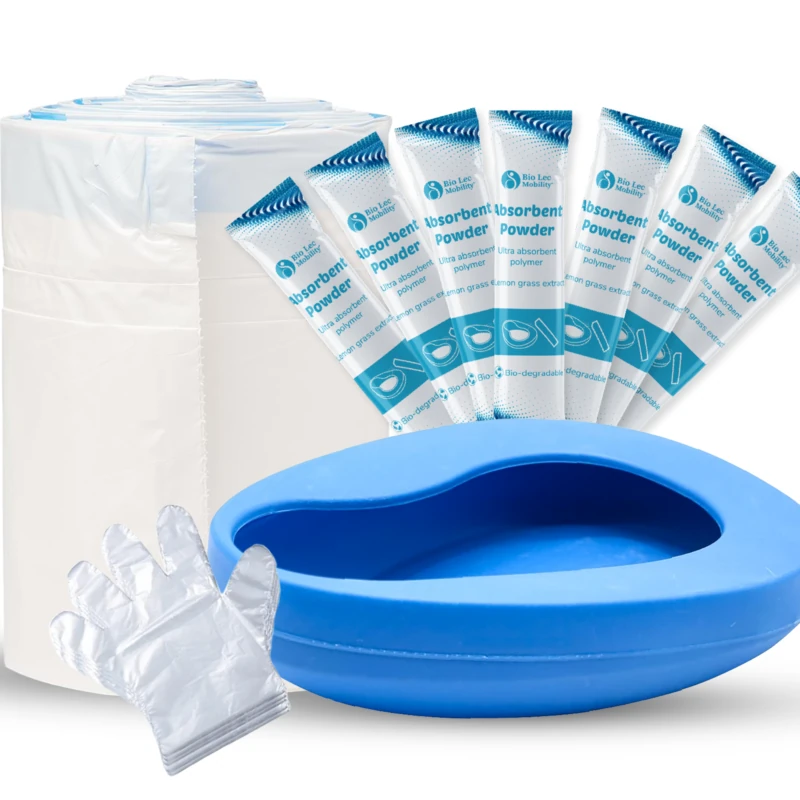 Bedpan set with blue bedpan, gloves, liners, and absorbent powder pouches.