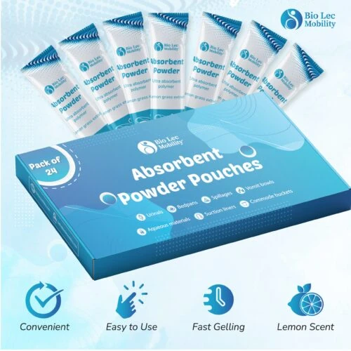 Pack of 24 Absorbent Powder Pouches with lemon scent displayed.