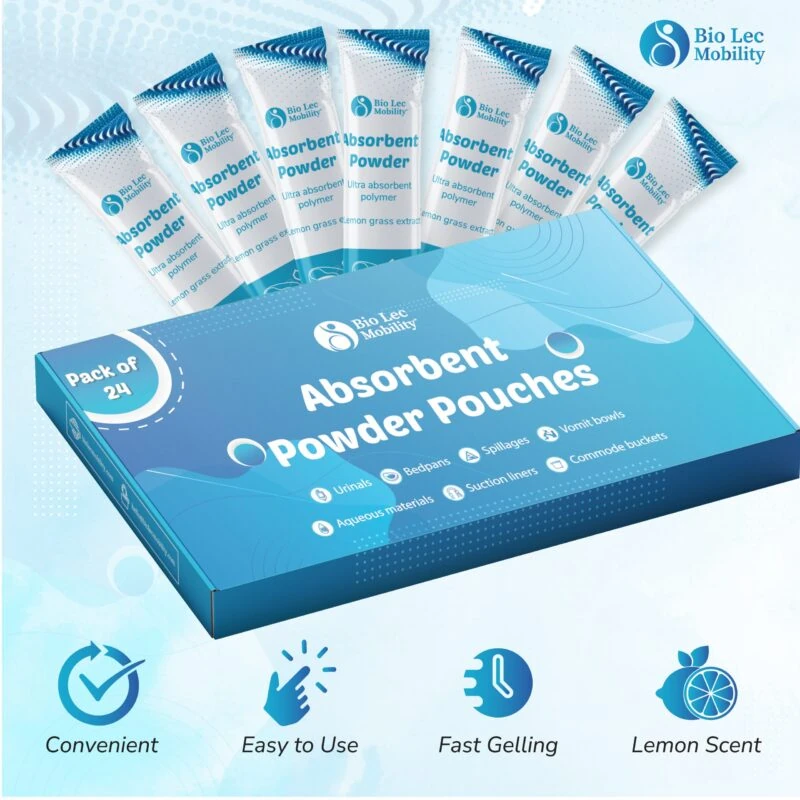 Pack of 24 Absorbent Powder Pouches with lemon scent displayed.