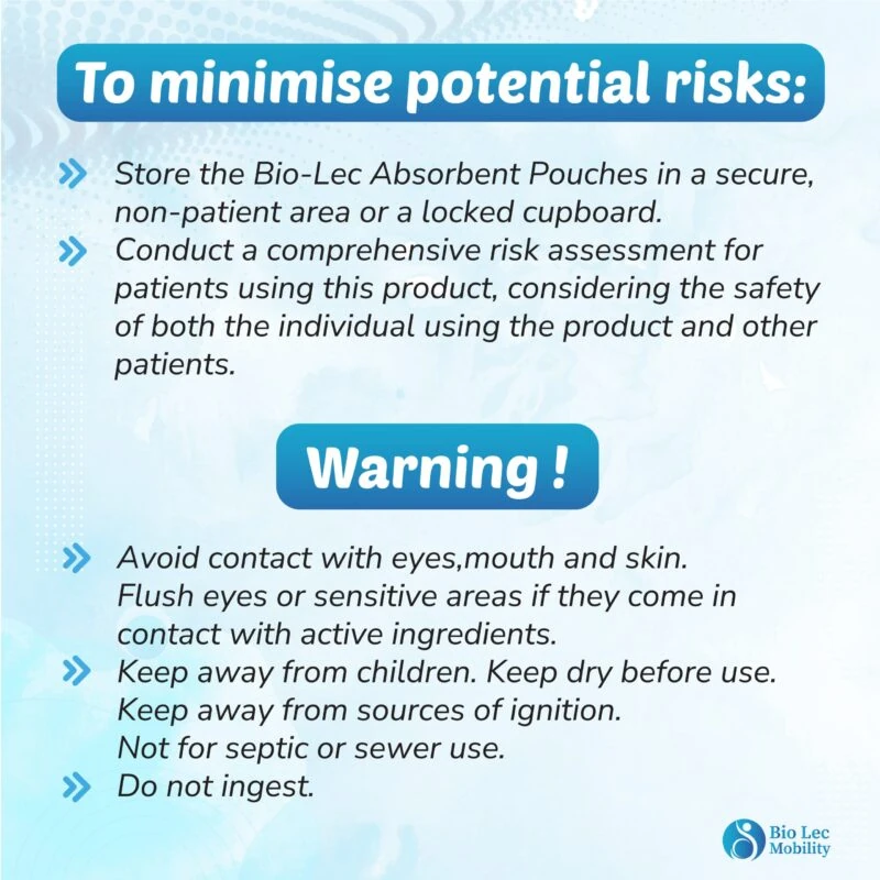 Safety instructions for Bio-Lec Absorbent Pouches with warning text.