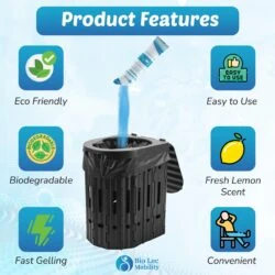 Features of absorbent powder pouches shown with icons and text.