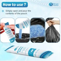 Steps showing how to use absorbent powder pouches with lemon scent.