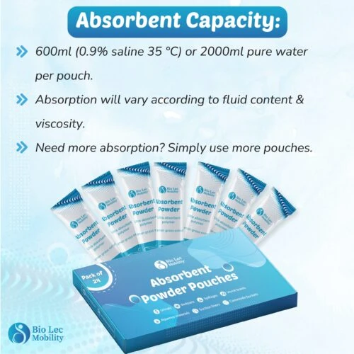 Box of absorbent powder pouches with individual sachets displayed.