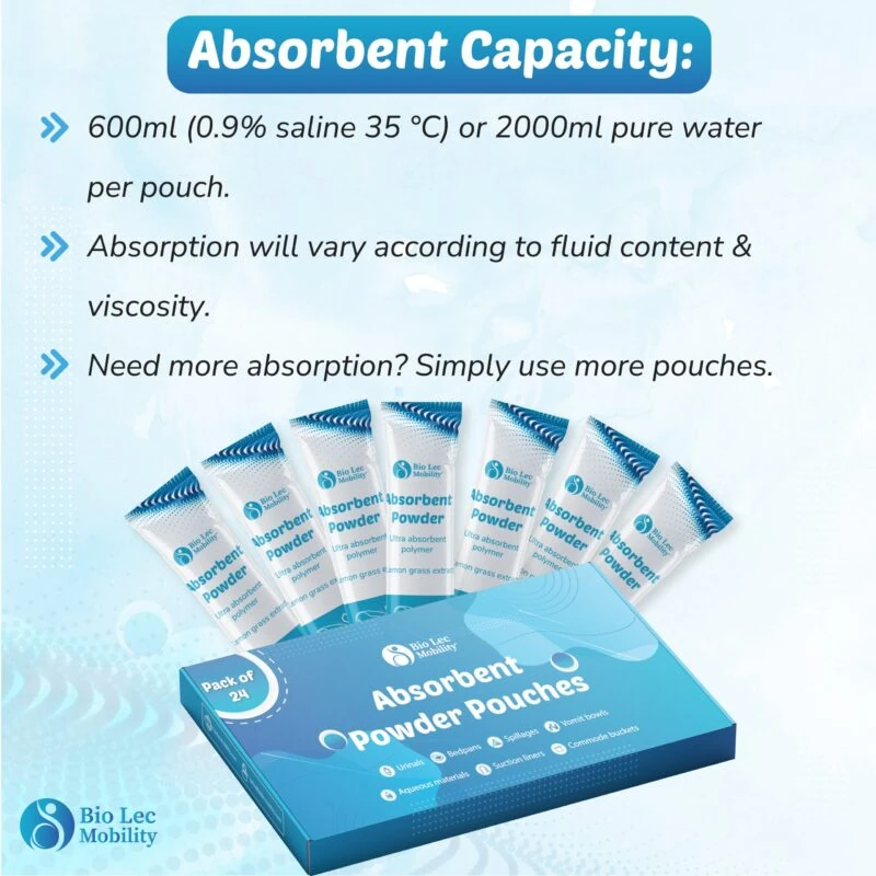 Box of absorbent powder pouches with individual sachets displayed.